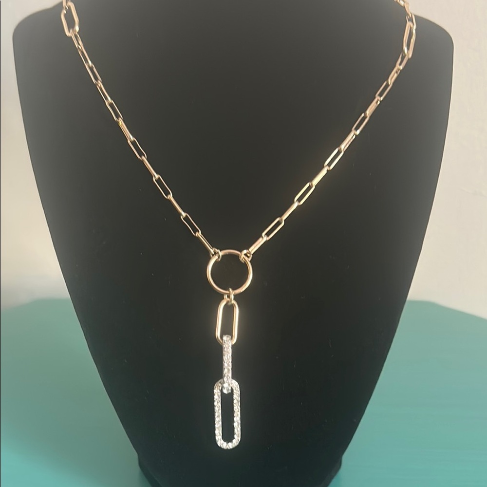 Gold Tone Paperclip Link Chain and Silver Tone Rhinestone Charm Necklace